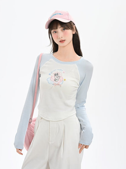 Cartoon Kitty Embroidery Blue and White Colorblock Design Top
