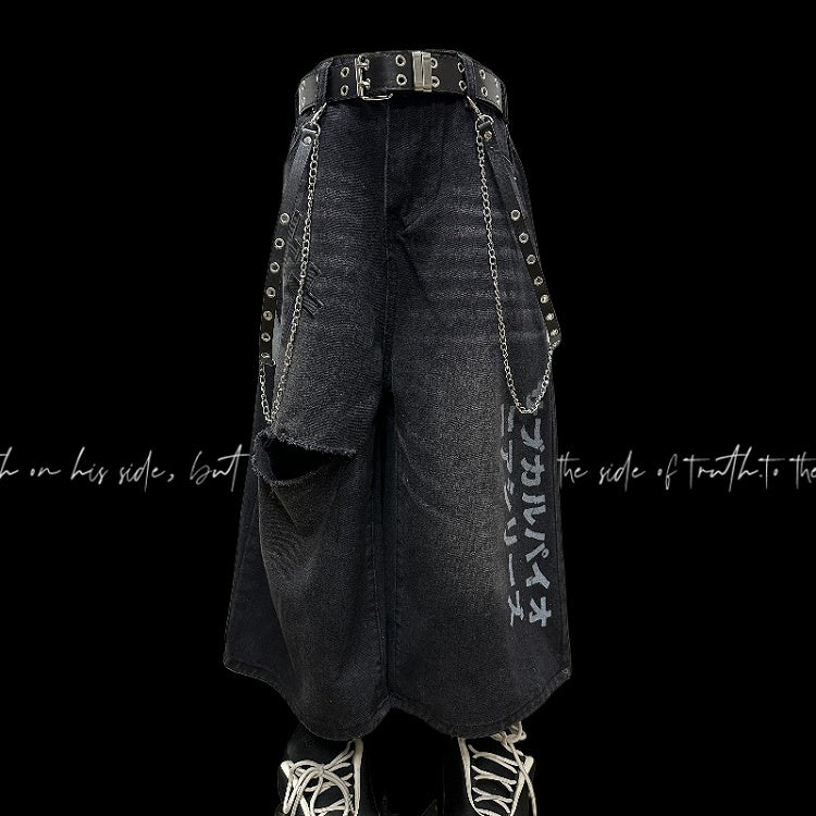 Black Cross Appliques Distressed Holes Vintage Straight-Leg Jeans