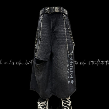 Black Cross Appliques Distressed Holes Vintage Straight-Leg Jeans