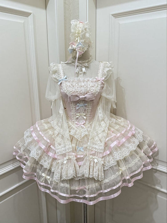 Pink Corset Waist Layered Tulle Skirt Princess Lolita JSK with Big Bow at Back