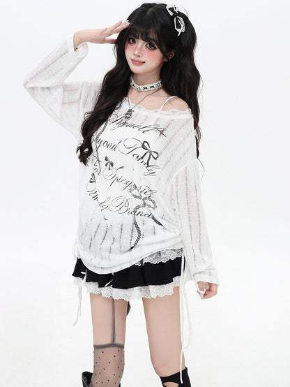 White/Black Letter And Bowknot Details Cutout Design Asymmetrical Neckline Long Sleeves Top