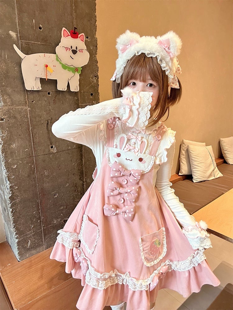 Bunny Ears Design Hood Pink Sweet Lolita Jumper Skirt Polka-dot Bowknot Details on Waist