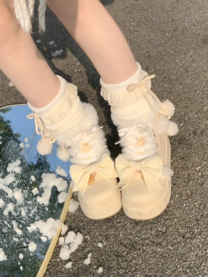 Sweet Lolita Yellow Platform Snow Boots - Pompom Charm, Bow Details & Furry Lining