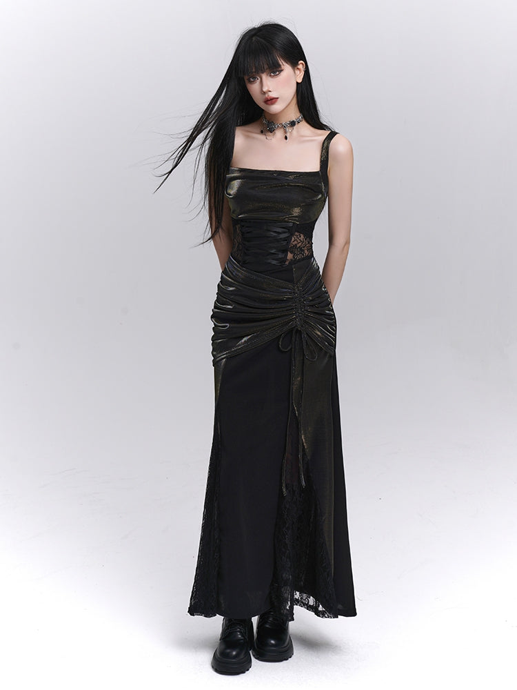 Black Lace Patches Waist Drawstring Hip Sleeveless Dress