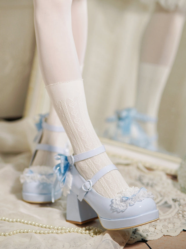 Blue Knotted Bow at Top Lace Trim Heart Buckles High Block Heels