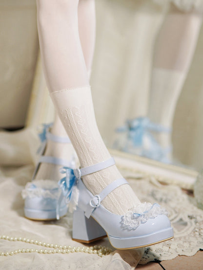 Blue Knotted Bow at Top Lace Trim Heart Buckles High Block Heels