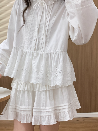 Self-tie Ruffle Neckline White Pleating Details Lace Hem Blouse