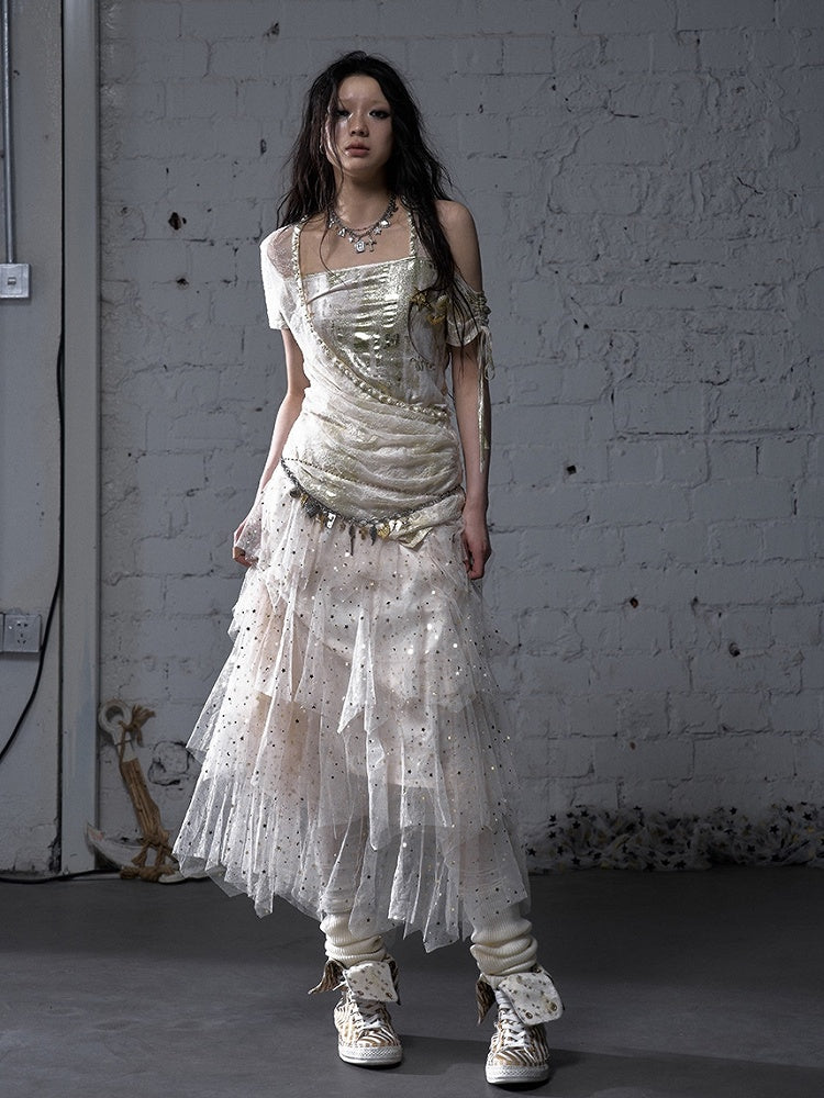 Black/White/Apricot Elastic Waist Sequin Details Tiered Mesh Skirt