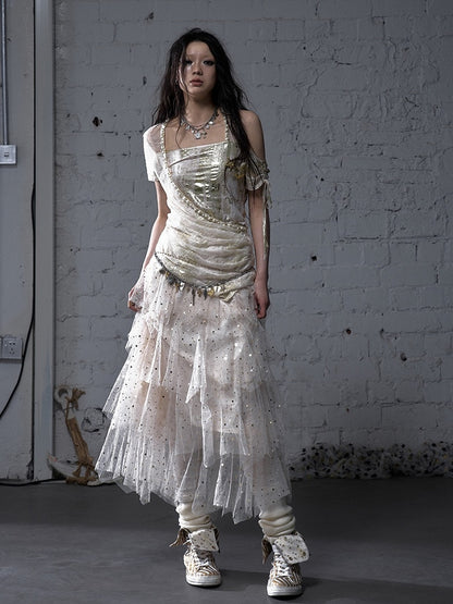 Black/White/Apricot Elastic Waist Sequin Details Tiered Mesh Skirt