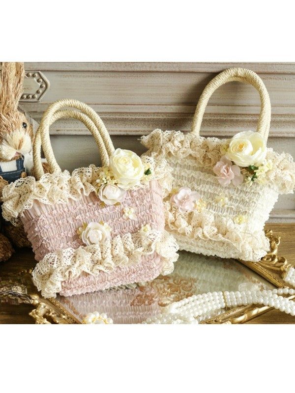 Beige/Pink Lace-Trimmed Country Woven Handbag with Flower Accents