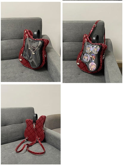 Edgy 2-Way Y2K Black & Red Plaid Guitar-Shaped Ita Bag With Heart Chain Accents