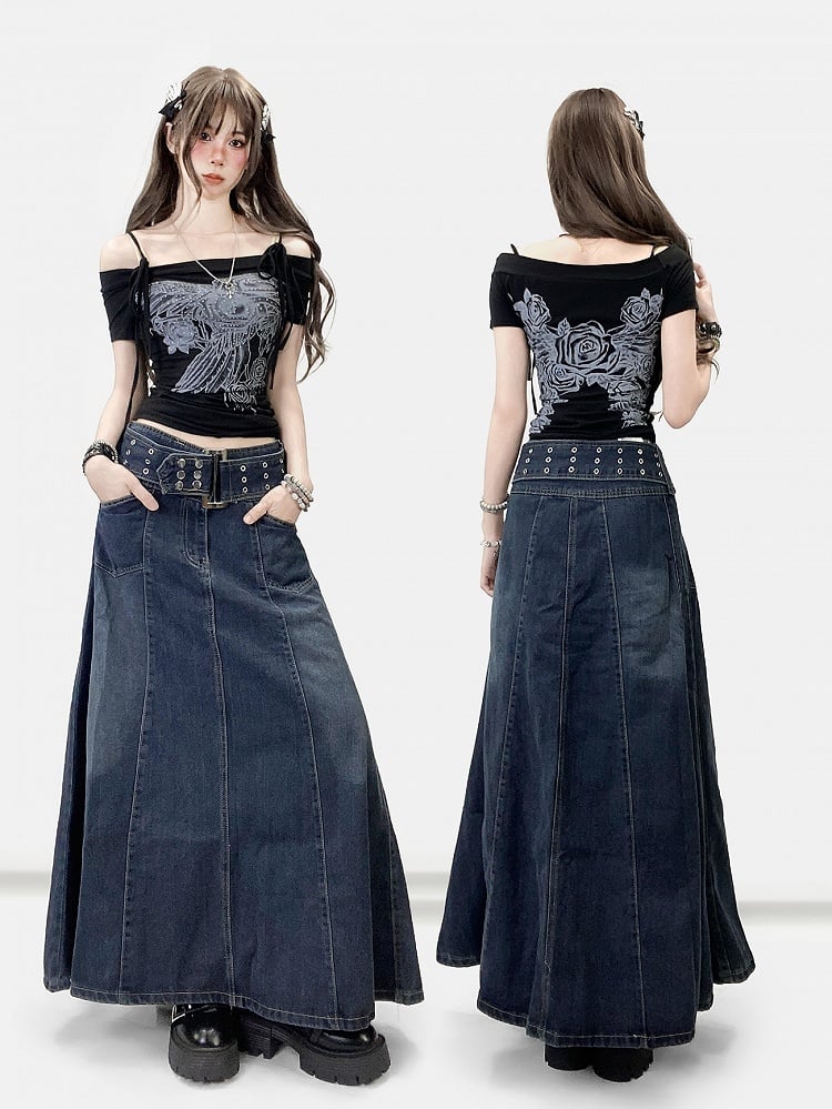 Black Y2K Rhinestone Decorated Floral Design Off-the-shoulder Neckline T-shirt