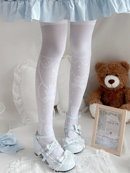 Round Toe Sweet Lolita Baby Blue Mid-heel Mary Janes in PU - Lace Trim, Bow Accents & Crisscross Design