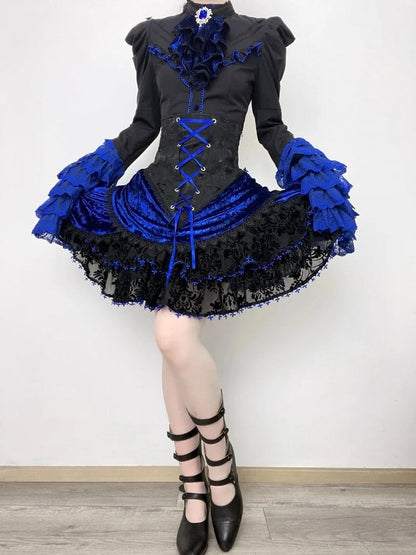 Black and Klein Blue Gothic Lolita Full Set - Long Bell Sleeves Shirt + Boned High Waist Skirt + Jabot Tie + Mini Hat