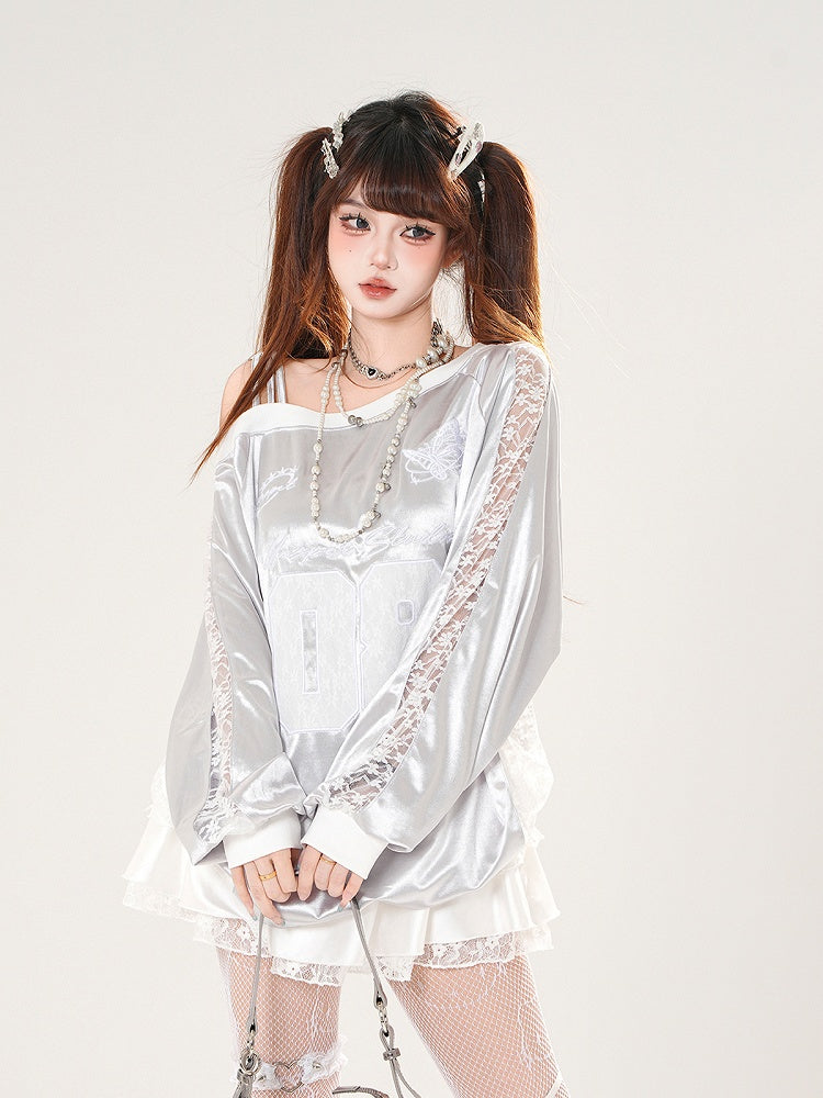 Asymmetrical Neckline Butterfly Embroidery Lace Patches Black/Silver Top