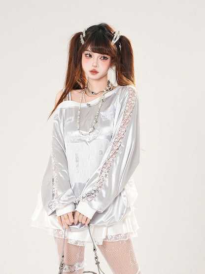 Asymmetrical Neckline Butterfly Embroidery Lace Patches Black/Silver Top