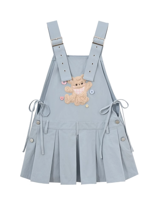 Plush Bear Applique Blue Box Pleat Overall Dress Adjustable Shoulder Straps