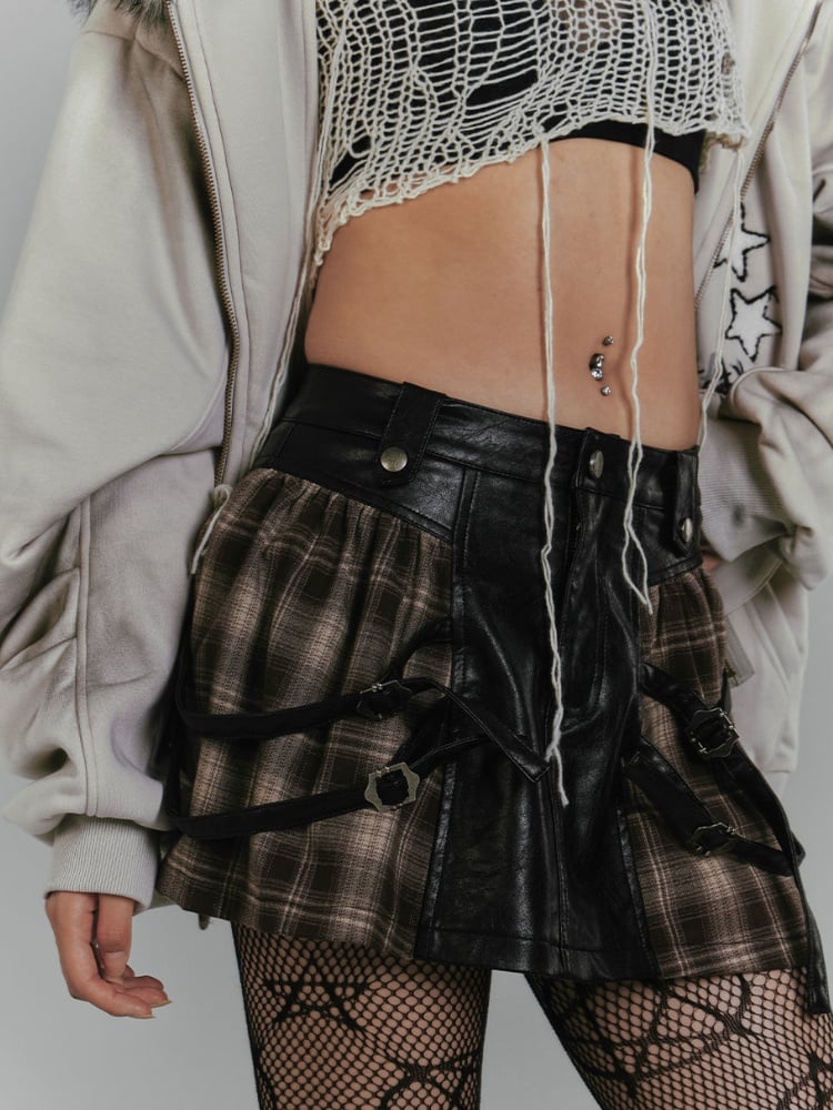 Millard Fashion Brown Plaid Patchwork Design Buckle Straps Vintage Punk PU Skirt