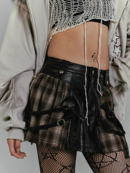 Millard Fashion Brown Plaid Patchwork Design Buckle Straps Vintage Punk PU Skirt