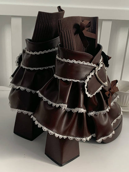 Brown Sweet Lolita Boots in PU - Layered Skirt-like Frills & Romantic Heart Clasp