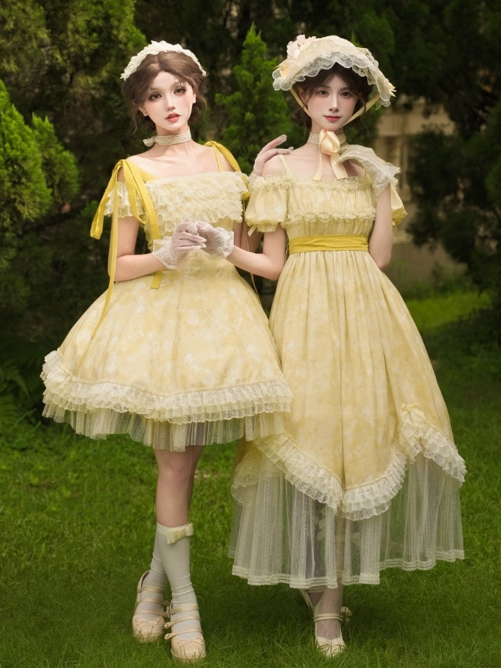 Light Yellow High Waist Mesh Panels Scalloped Edge Hem Dress Lolita OP Full Set
