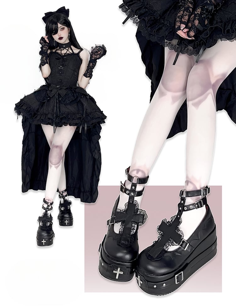 Clearance-Size 38 Matte Black Gothic Lolita Lace Trim Cross Platform Shoes