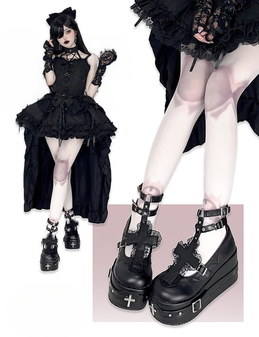 Clearance-Size 38 Matte Black Gothic Lolita Lace Trim Cross Platform Shoes