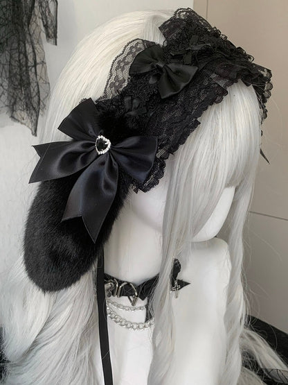 Black/White Rhinestone Heart Decorated Bowknot Details Ruffled Plush Bunny Ear Hairband