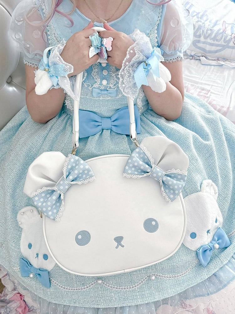 Blue&White Polka-dot Pattern Bowknot Details Bear Tote Bag