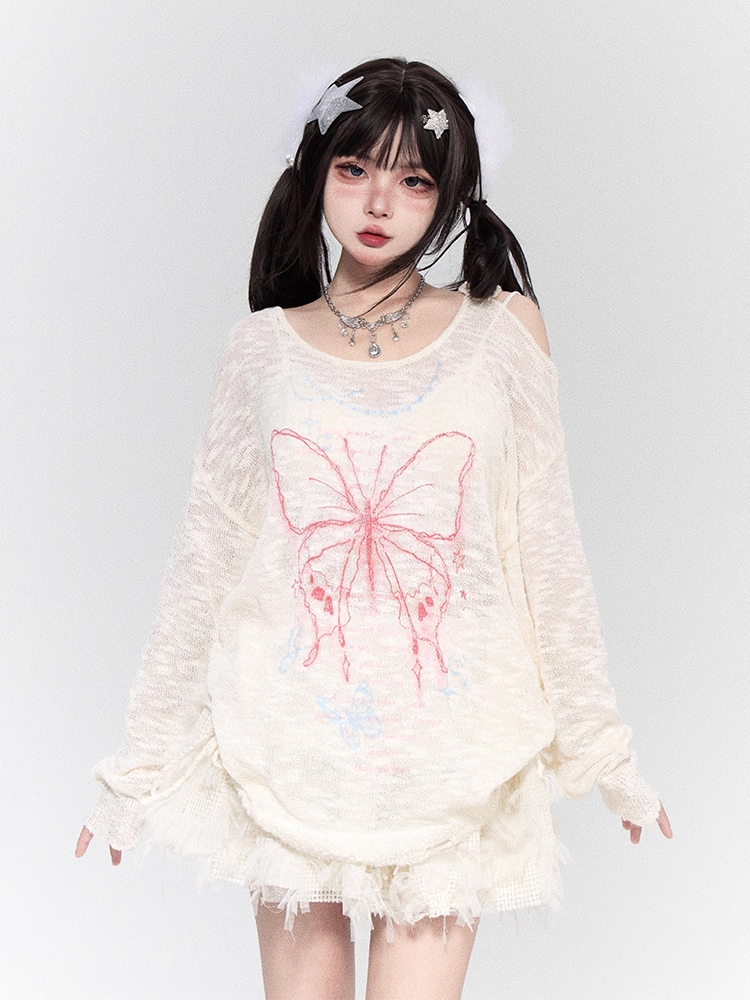 Butterfly Print Cutout Shoulder White/Black/Apricot Semi-sheer Coverup