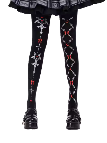 Black Gothic Lolita Red Bows Print Tights