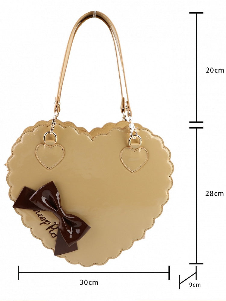 Milk Tea Sweet Lolita 2-Way Bag - Heart Cookie Shape with Bow Accent and Zipper Closure
