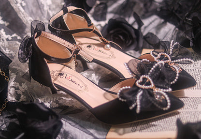 Black Beaded Bowknot Accents Pointed Toe Middle Heels
