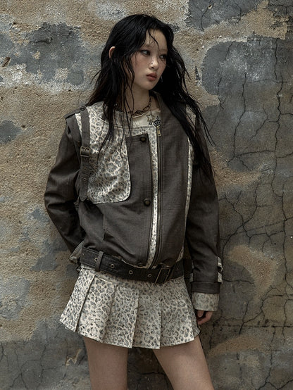 Brown and Gray Punk Streetwear Leopard Jacket with Detachable Sleeves