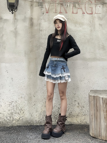 Blue Cross and Skeleton Appliques Lace Trim Glamorous Tiered Skirt