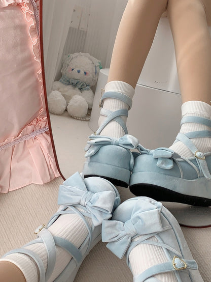 Platform Blue Sweet Mary Janes for Lolita with Bow Decor, Crossed Straps & Romantic Clasp