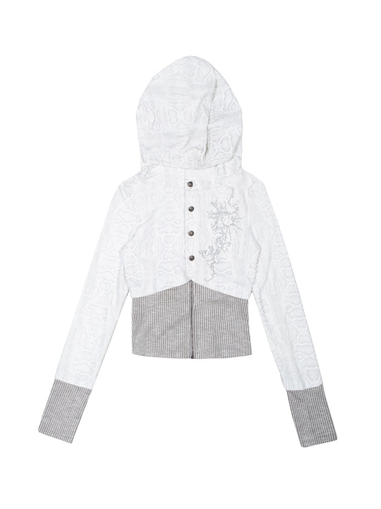 White Punk Y2K Rhinestone Hoodie Jacket with Gray Knit Hem