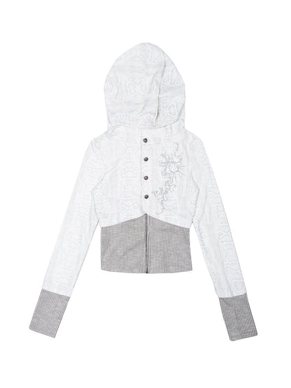 White Punk Y2K Rhinestone Hoodie Jacket with Gray Knit Hem