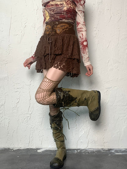 Brown/Black/Gray/White/Red Wasteland Punk Hollow-out Design Suspender Stockings