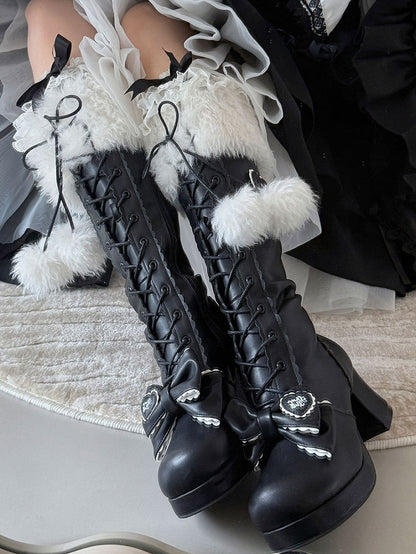 Sweet Black Lolita Boots - PU Heeled Design with Plush Collar, Bow Details & Pompom Accents