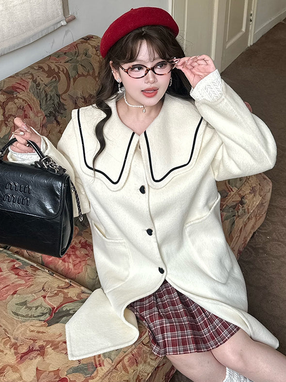 Plus Size Milk White Sailor Collar Heart Buttons Woolen Coat