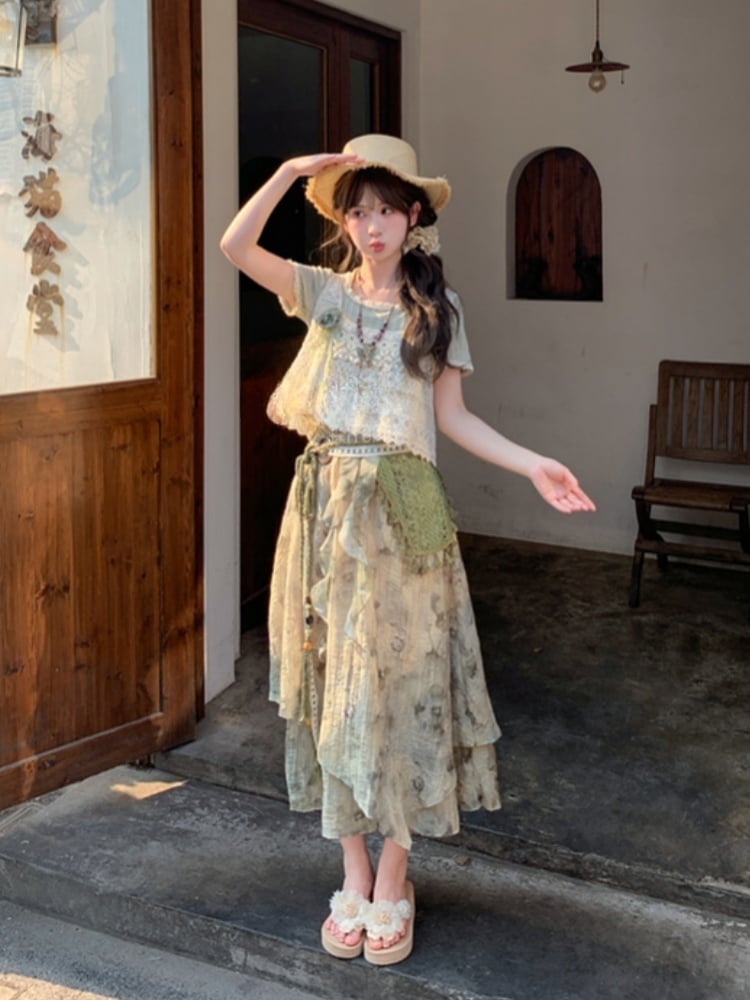 Mori Kei Green Tie Dye Wide-Leg Pants with Detachable Knitted Accessory Regular/Short Version