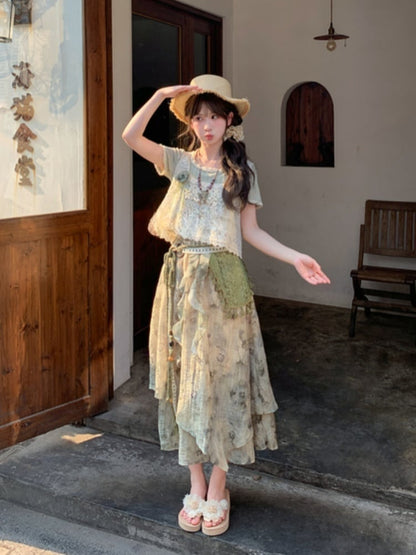 Mori Kei Green Tie Dye Wide-Leg Pants with Detachable Knitted Accessory Regular/Short Version