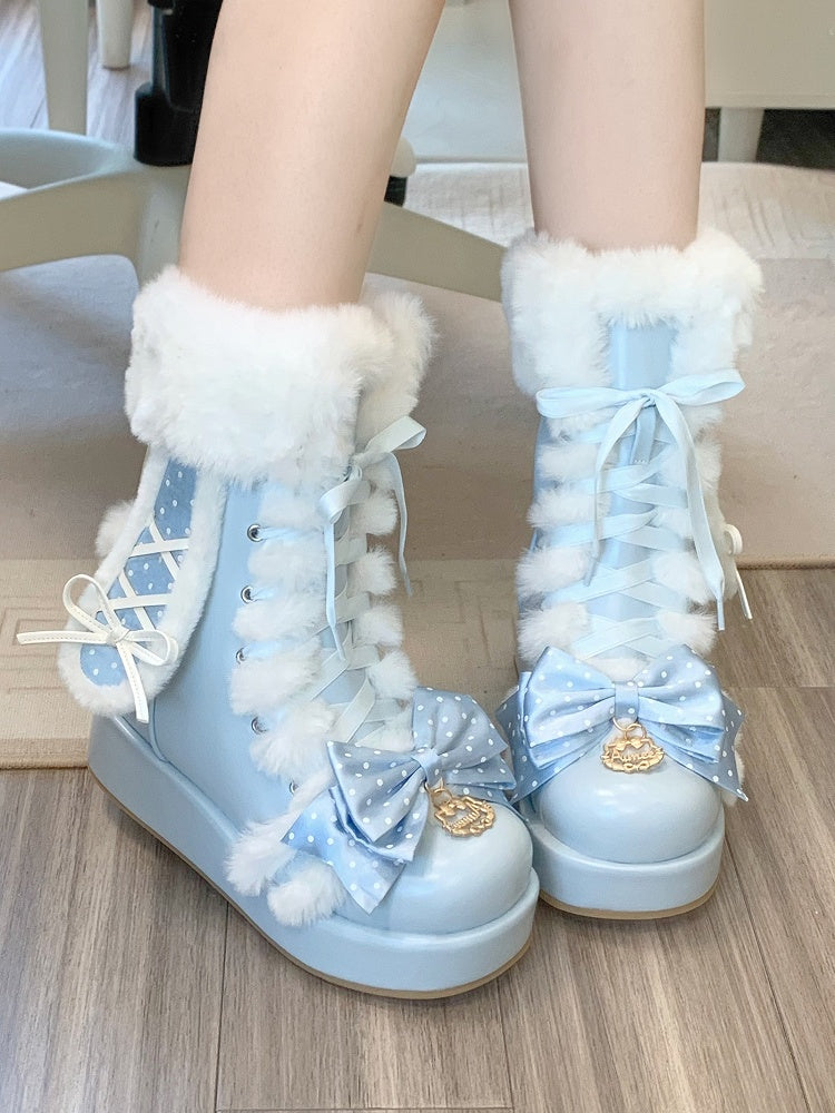 Bunny-Themed Sweet Blue Winter Boots for Lolita with Bow at Top & Lace-up Closure