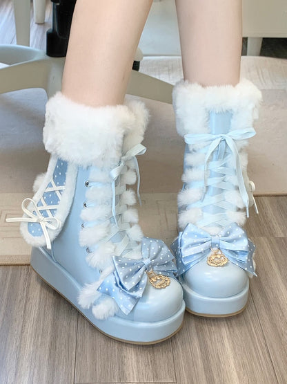 Bunny-Themed Sweet Blue Winter Boots for Lolita with Bow at Top & Lace-up Closure