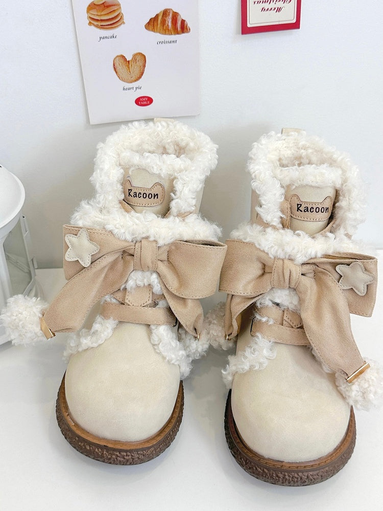 Sweet Lolita Beige 3cm Flat Sole Ankle Boots - Plush Lining, Star Patches & Apricot Bow Accents