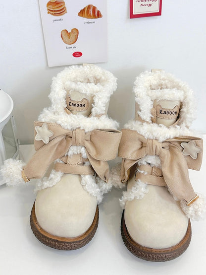 Sweet Lolita Beige 3cm Flat Sole Ankle Boots - Plush Lining, Star Patches & Apricot Bow Accents