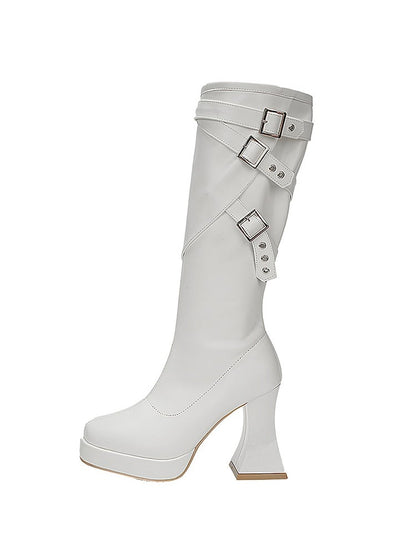 White Buckle Straps High Block Heel Platform Boots