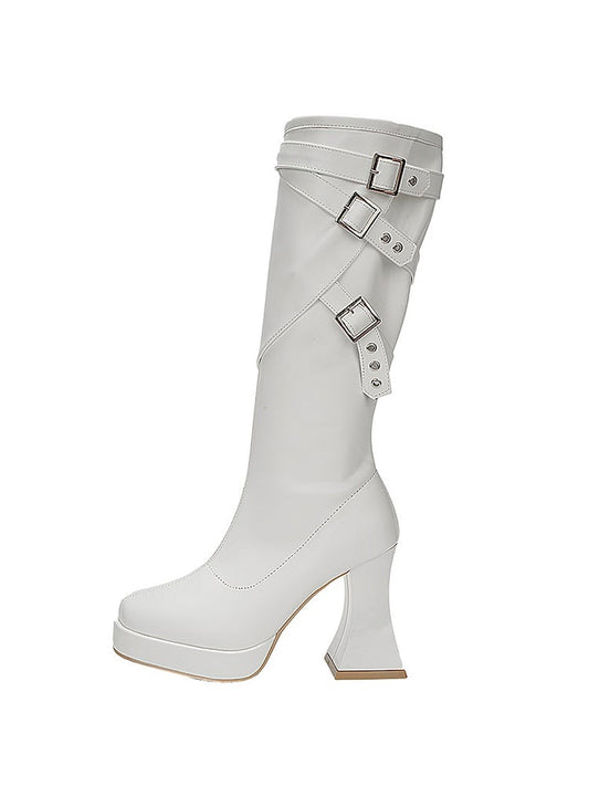 White Buckle Straps High Block Heel Platform Boots