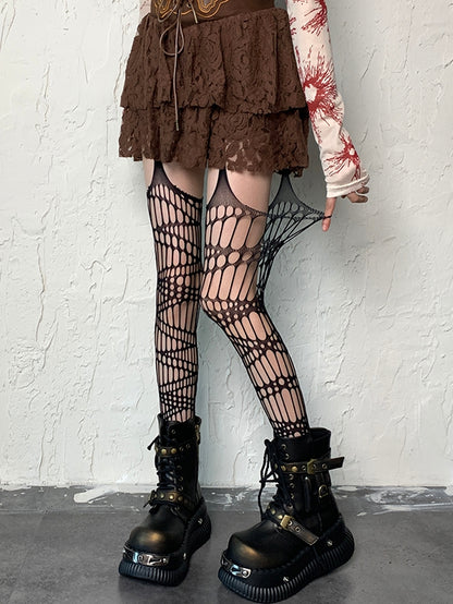 Brown/Black/Gray/White/Red Wasteland Punk Hollow-out Design Suspender Stockings